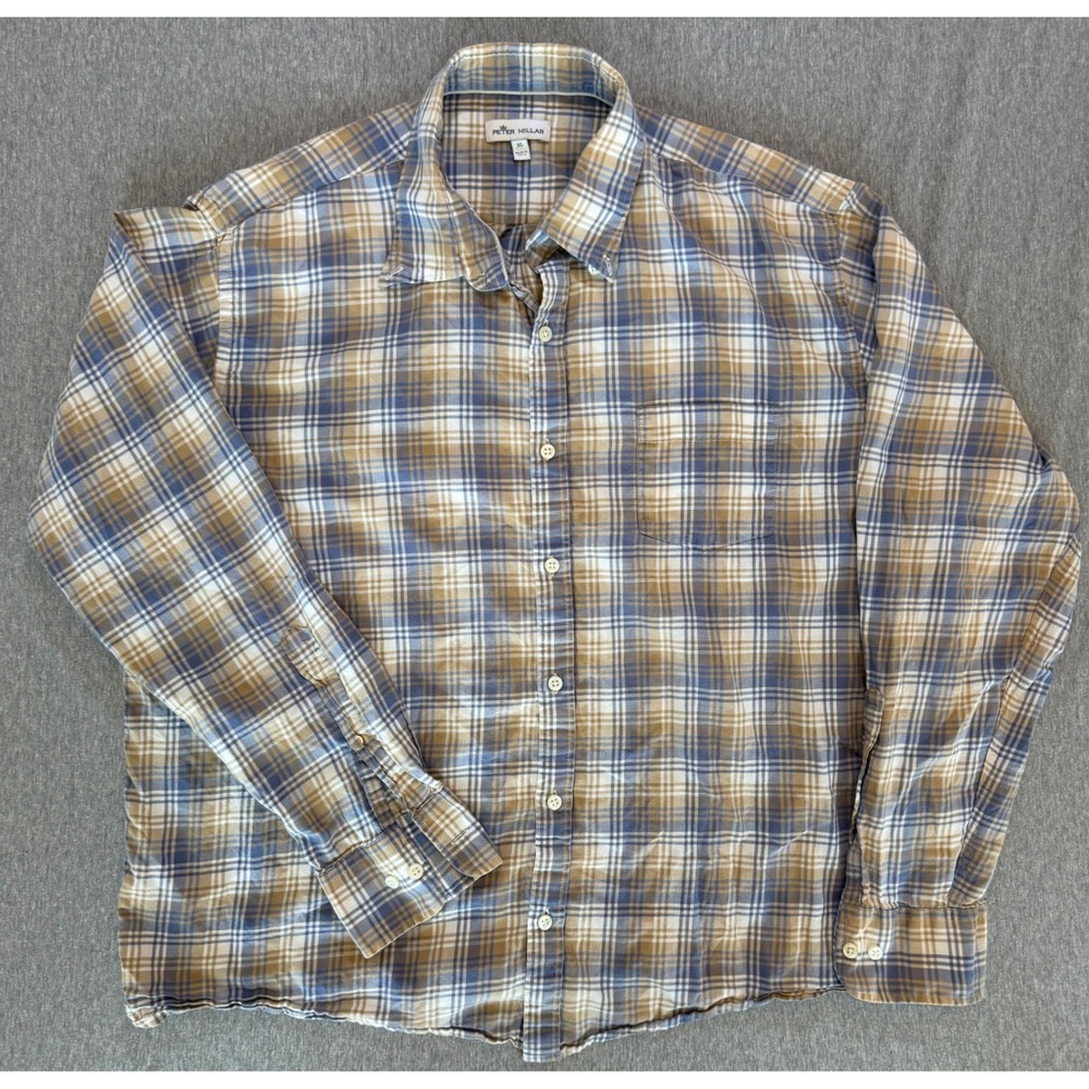 Peter Millar Mens XL Blue Tan Plaid Cotton Long Sleeve Button Down F21W69CVL